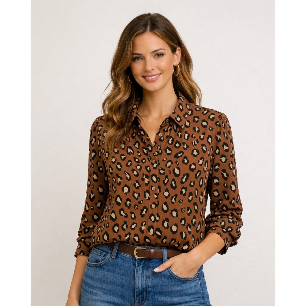 NWOT Ann Taylor Factory Womens Brown Cheetah Animal Print Button Blouse Size M
